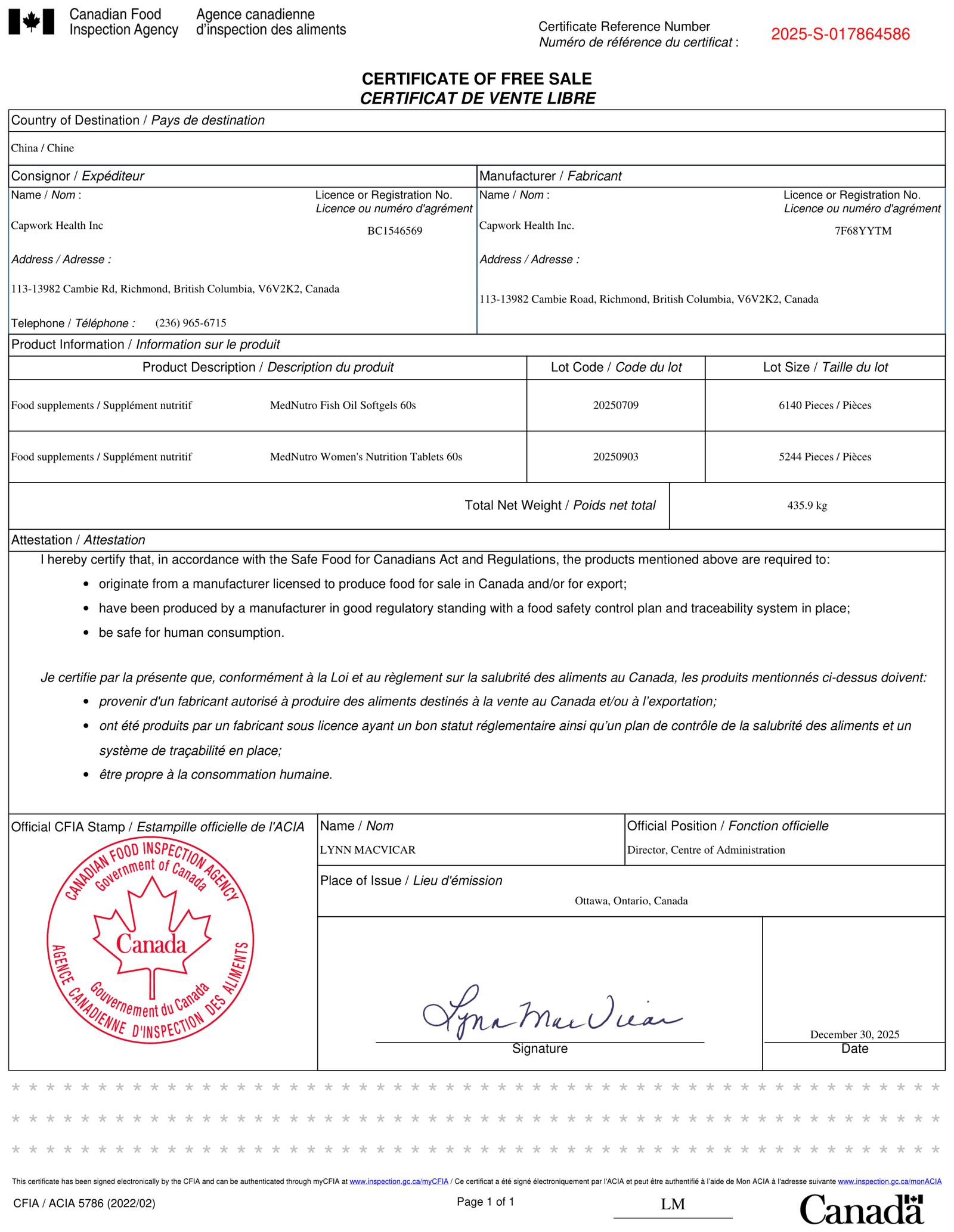 CFIA Certificate of Free Sale