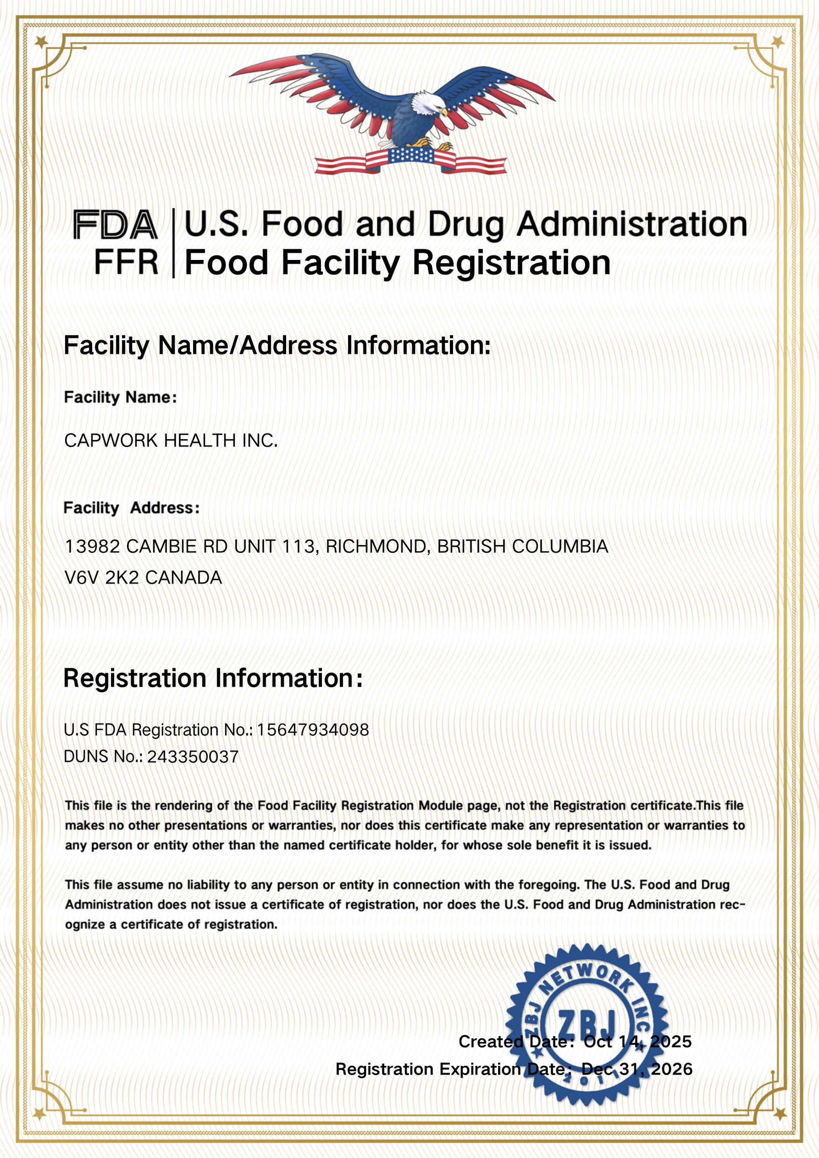 FDA Food Facility Registration Certificate